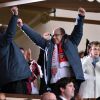 Le prince Albert II de Monaco a pu fêter avec le président de l'AS Monaco Dmitri Rybolovlev la qualification du club pour les quarts de finale de la Ligue des Champions le 17 mars 2015 au terme du huitième de finale retour contre Arsenal, en principauté.