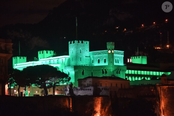 Le palais princier de Monaco en vert pour célébrer la Saint Patrick à Monaco le 17 mars 2015.
