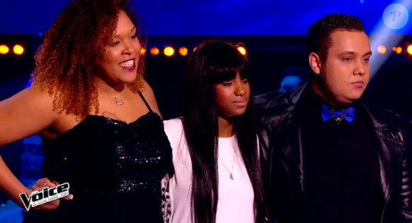 Maliya Jackson, Awa Sy et Guillaume Etheve lors de l'épreuve ultime dans The Voice 4, ce samedi 21 mars 2015, sur TF1