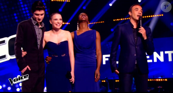 David Thibault, Anne Silla et Azania Noah lors de l'épreuve ultime dans The Voice 4, ce samedi 21 mars 2015, sur TF1