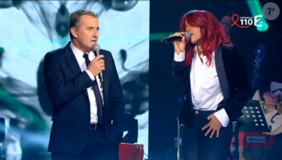 Christophe Dechavanne et Shy'm dans La télé chante pour le Sidaction sur France 2, le samedi 28 mars 2015.