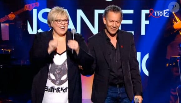 Laurence Boccolini et François Feldman dans La télé chante pour le Sidaction sur France 2, le samedi 28 mars 2015.