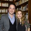 David Koubbi et Tristane Banon (enceinte) - Dédicace du nouveau livre de Tristane Banon "Love et caetera" à la librairie Delamain à Paris, le 2 avril 2015.
