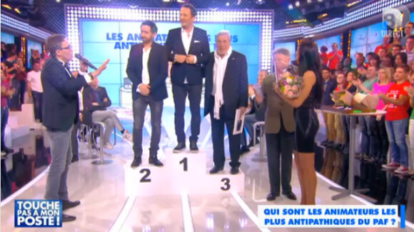 Cyril Hanouna, Arthur et Jean-Pierre Castaldi (père de Benjamin Castaldi), dans Touche pas à mon poste sur D8, le jeudi 9 avril 2015.