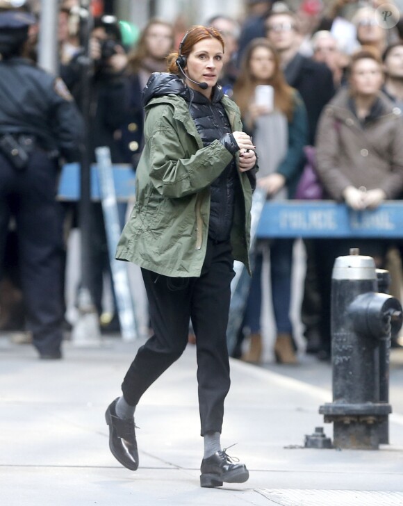 George Clooney, Amal Clooney et Julia Roberts sur le tournage du film " Money Monster " de Jodie Foster à New York Le 18 Avril 2015 