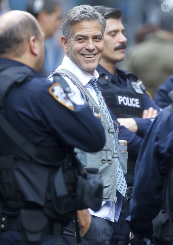 George Clooney, Amal Clooney et Julia Roberts sur le tournage du film " Money Monster " de Jodie Foster à New York Le 18 Avril 2015 