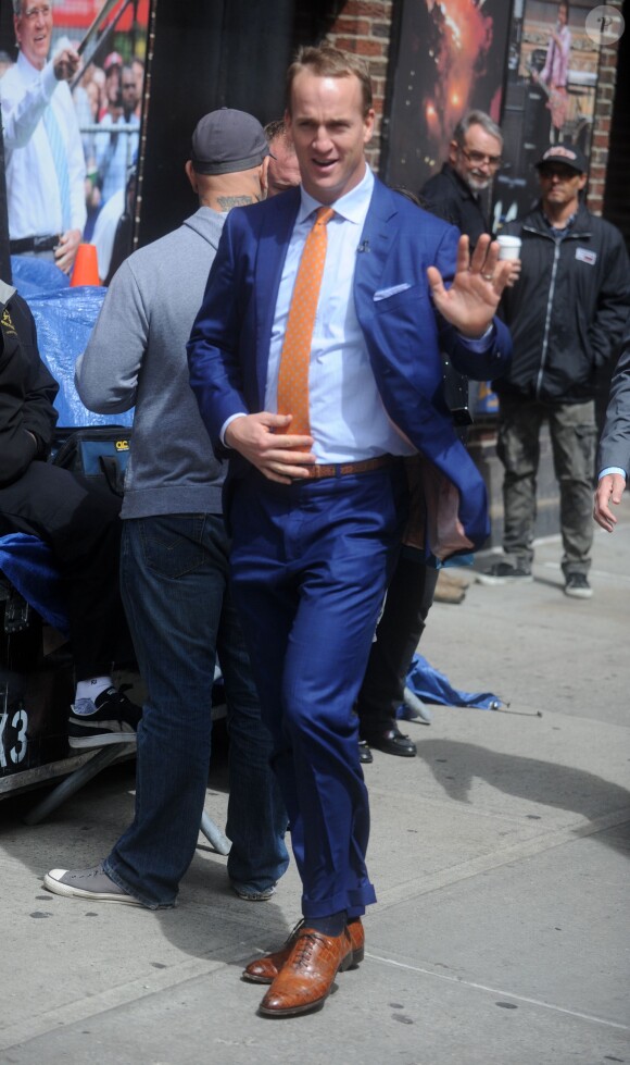 Peyton Manning à New York pour la dernière de David Letterman au Late Show le 20 mai 2015.