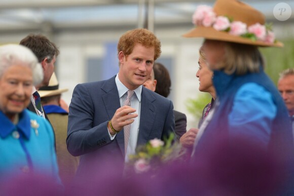 Le prince Harry présentant son jardin Sentebale à sa grand-mère la reine Elizabeth II au Chelsea Flower Show le 18 mai 2015