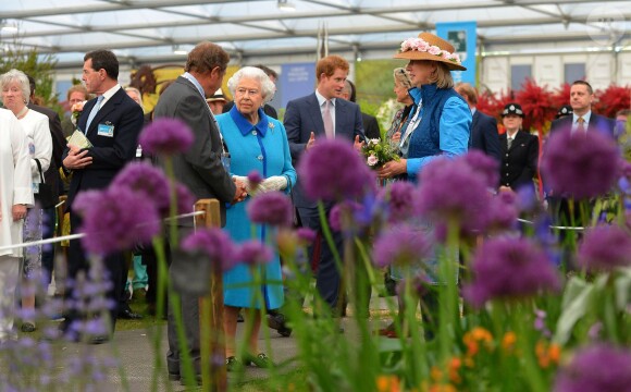 Le prince Harry présentant son jardin Sentebale à sa grand-mère la reine Elizabeth II au Chelsea Flower Show le 18 mai 2015