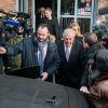 Dominique Strauss-Kahn, accompagné de Anne Hommel, quitte son hôtel à Lille pour se rendre au tribunal, dans le cadre du procès de "l'affaire du Carlton", le 18 février 2015.