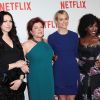 Laura Prepon (Alex), Kate Mulgrew (Red), Taylor Schilling (Piper) et Uzo Aduba (Crazy Eyes) à une soirée Netflix pour la série "Orange is the New Black", à Paris le 15 septembre 2014.