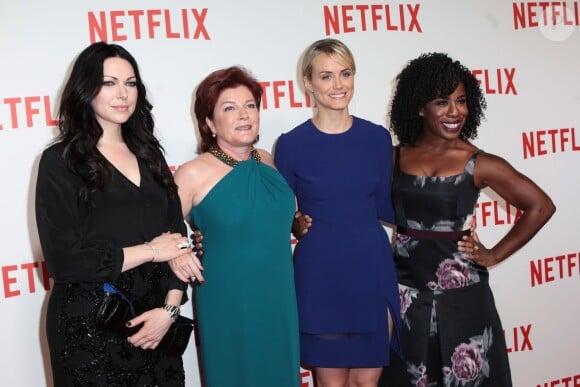 Laura Prepon (Alex), Kate Mulgrew (Red), Taylor Schilling (Piper) et Uzo Aduba (Crazy Eyes) à une soirée Netflix pour la série "Orange is the New Black", à Paris le 15 septembre 2014.