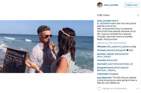 Dave Annable poste une vidéo de sa femme, Odette Annable et lui sur Instagram le 21 juin 2015 dans laquelle ils découvrent le sexe de leurs bébé.