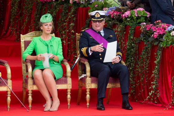 La princesse Claire et le prince Laurent de Belgique lors du défilé militaire de la Fête nationale, le 21 juillet 2015 à Bruxelles.