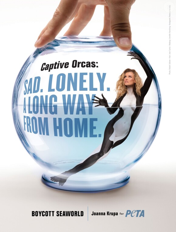 Nouvelle campagne de la PeTA contre les parcs aquatiques SeaWorld avec Joanna Krupa, nue et peinte en noir et blanc dans un minuscule aquarium.