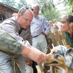 Exclusif - Le prince Albert II de Monaco visitait en compagnie d'Eric Ciotti le 5 août 2015 le Parc Alpha, au Boréon à Saint-Martin-Vésubie (Alpes-Maritimes), où vivent 22 loups du Mercantour en trois meutes. Précédemment, le souverain monégasque, fervent défenseur de l'environnement, était allé observer dans les environs de Saint-Etienne du Tinée le gypaéton Aunos.