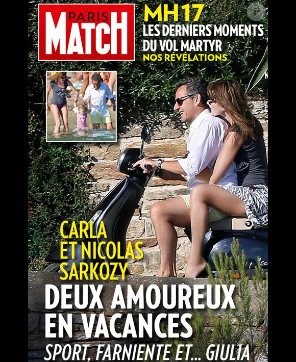 Carla et Nicolas Sarkozy, deux amoureux en vacances. Découvrez la couverture du numéro 3401 de Paris Match, en kiosques le 24 juillet 2014. 