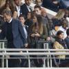 Nicolas Sarkozy, son fils Louis Sarkozy et sa compagne Capucine Anav - La famille Sarkozy au match de football PSG-GFC Ajaccio lors de la 2ème journée de la Ligue 1 au Parc des Princes à Paris, le 16 août 2015. 