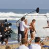 Franck Dubosc, Antoine Duléry et Boris Diaw (basketteur NBA) - Tournage du film "Camping 3" sur la plage de Biscarosse, le 25 août 2015.
