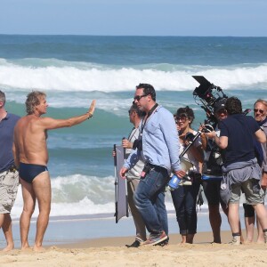 Franck Dubosc - Tournage du film "Camping 3" sur la plage de Biscarosse, le 25 août 2015.