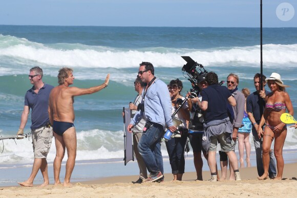 Franck Dubosc - Tournage du film "Camping 3" sur la plage de Biscarosse, le 25 août 2015.