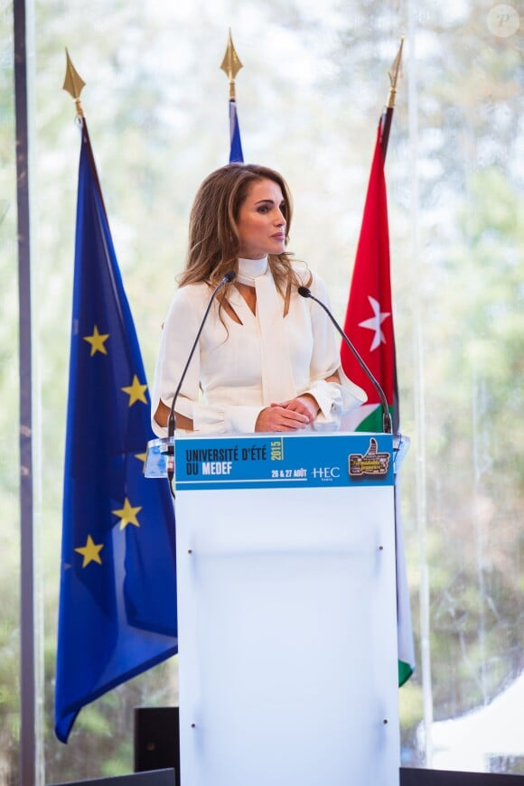 Jordan's Queen Rania Al Abdullah attends 'MEDEF' (French managers union) Summer 2015 University Conference on August 26, 2015 in Jouy-en-Josas, France. Photo by Royal Palace via Balkis Press/ABACAPRESS.COM28/08/2015 - Paris