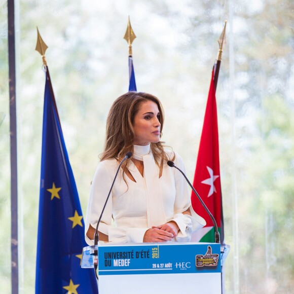 Jordan's Queen Rania Al Abdullah attends 'MEDEF' (French managers union) Summer 2015 University Conference on August 26, 2015 in Jouy-en-Josas, France. Photo by Royal Palace via Balkis Press/ABACAPRESS.COM28/08/2015 - Paris