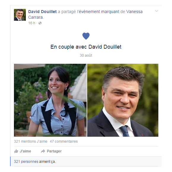 David Douillet a officialisé sa relation avec Vanessa Carrara sur Facebook, le 2 septembre 2015