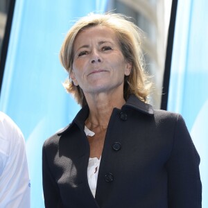 Claire Chazal - Baptême du catamaran GC32 "Engie" (le nouveau bateau volant taillé pour l'exploit et les records) au pied de la tour ENGIE à la Défense le 10 juin 2015.