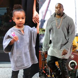 Grosse chaîne, pull gris, pantalon et chaussures noirs : Kanye (photographié en concert à New York en décembre 2014) et North West (2 ans) ont le même style !