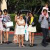 Kendall Jenner, Kourtney Kardashian, Kris Jenner, Kim Kardashian, Kylie Jenner, Bruce Jenner et Mason Disick à la sortie de l'église à Los Angeles le 8 avril 2012