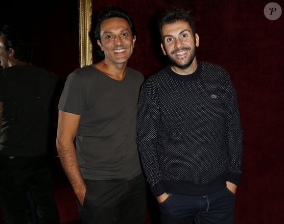 Exclusif - Olivier Sitruk, Laurent Ournac posent au Casino de Paris lors de la générale de la pièce "Le Gai Mariage" à Paris le 8 septembre 2015.