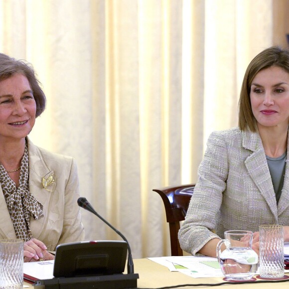 La reine Sofia d'Espagne transmettait la présidence d'honneur à Letizia d'Espagne lors d'une réunion de la Commission des moyens de communication de la Fondation contre la toxicomanie, le 29 septembre 2015 au palais de la Zarzuela.