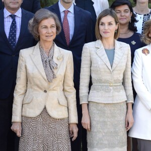 La reine Sofia d'Espagne transmettait la présidence d'honneur à Letizia d'Espagne lors d'une réunion de la Commission des moyens de communication de la Fondation contre la toxicomanie, le 29 septembre 2015 au palais de la Zarzuela.