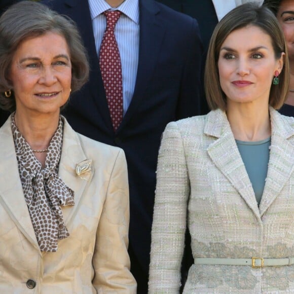 La reine Sofia d'Espagne transmettait la présidence d'honneur à Letizia d'Espagne lors d'une réunion de la Commission des moyens de communication de la Fondation contre la toxicomanie, le 29 septembre 2015 au palais de la Zarzuela.