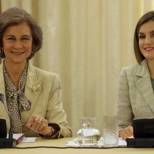 La reine Sofia d'Espagne transmettait la présidence d'honneur à Letizia d'Espagne lors d'une réunion de la Commission des moyens de communication de la Fondation contre la toxicomanie, le 29 septembre 2015 au palais de la Zarzuela.