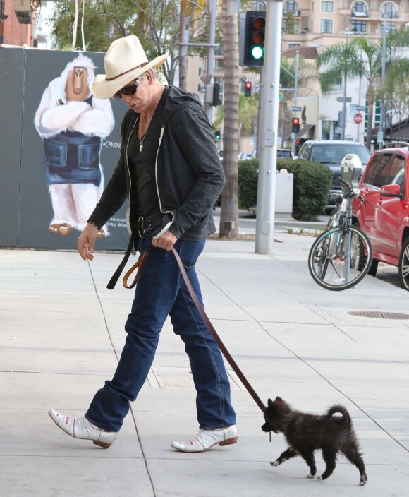 Mickey Rourke promène son chien dans les rues de Los Angeles, le 22 janvier 2015.