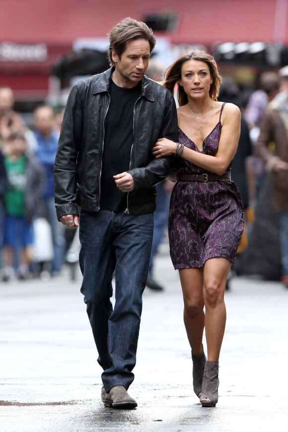 David Duchovny et Natalie Zea sur le tournage de la série Californication dans les rues de Soho, le 20 avril 2012