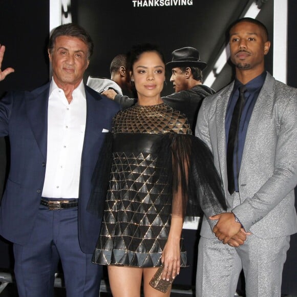 Sylvester Stallone, Tessa Thompson, Michael B. Jordan à la première de Creed au théâtre Regency Village à Westwood, le 19 novembre 2015.