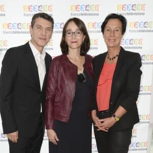 Marc Lavoine, Delphine Ernotte (présidente de France Télévisions), Laurence Tiennot-Herment (présidente de l'AFM-Téléthon) - Conférence de presse du Téléthon 2015, à France Télévisions à Paris le 4 novembre 2015. Le Téléthon 2015 aura lieu le 4 et le 5 décembre et le parrain de cette édition sera Marc Lavoine. © Coadic Guirec / Bestimage