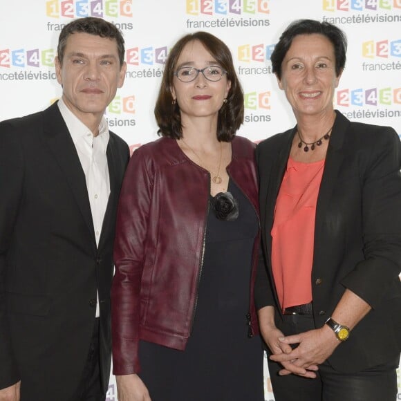 Marc Lavoine, Delphine Ernotte (présidente de France Télévisions), Laurence Tiennot-Herment (présidente de l'AFM-Téléthon) - Conférence de presse du Téléthon 2015, à France Télévisions à Paris le 4 novembre 2015. Le Téléthon 2015 aura lieu le 4 et le 5 décembre et le parrain de cette édition sera Marc Lavoine. © Coadic Guirec / Bestimage