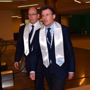 Le prince Albert II de Monaco et Sebastian Coe, président de l'IAAF (fédération internationale d'athlétisme) participent à la cérémonie d'ouverture du forum international "Peace and Sport" à Monaco au Grimaldi Forum à Monaco le 25 novembre 2015 © Bruno Bebert / Bestimage