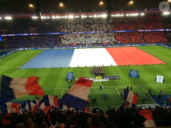 Un drapeau tricolore immense déployé sur la pelouse du Parc des Princes, avant le coup d'envoi du match Paris Saint-Germain (PSG)-Troyes à Paris, le 28 novembre 2015, lors de la minute de silence des joueurs et de spectateurs en hommage aux victimes des attentats du 13 novembre.
