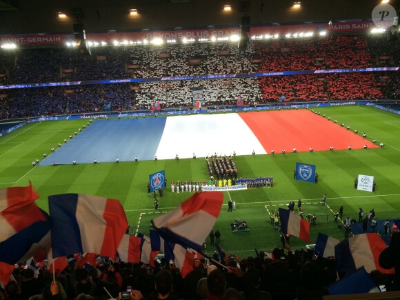Un drapeau tricolore immense déployé sur la pelouse du Parc des Princes, avant le coup d'envoi du match Paris Saint-Germain (PSG)-Troyes à Paris, le 28 novembre 2015, lors de la minute de silence des joueurs et de spectateurs en hommage aux victimes des attentats du 13 novembre.