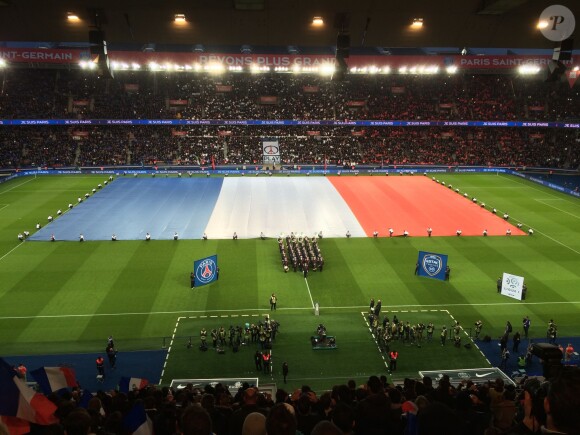 Un drapeau tricolore immense déployé sur la pelouse du Parc des Princes, avant le coup d'envoi du match Paris Saint-Germain (PSG)-Troyes à Paris, le 28 novembre 2015, lors de la minute de silence des joueurs et de spectateurs en hommage aux victimes des attentats du 13 novembre.