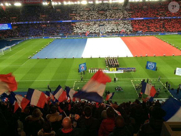 Un drapeau tricolore immense déployé sur la pelouse du Parc des Princes, avant le coup d'envoi du match Paris Saint-Germain (PSG)-Troyes à Paris, le 28 novembre 2015, lors de la minute de silence des joueurs et de spectateurs en hommage aux victimes des attentats du 13 novembre.