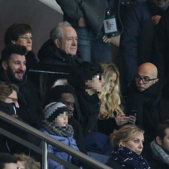 Michaël Youn, Pascal Obispo, son fils Sean et sa femme Julie Hantson, Jean Tiberi, Jean Sarkozy et son fils Solal - Personnalités lors du match de football Paris Saint-Germain (PSG) -Troyes au Parc des Princes à Paris, le 28 novembre 2015.