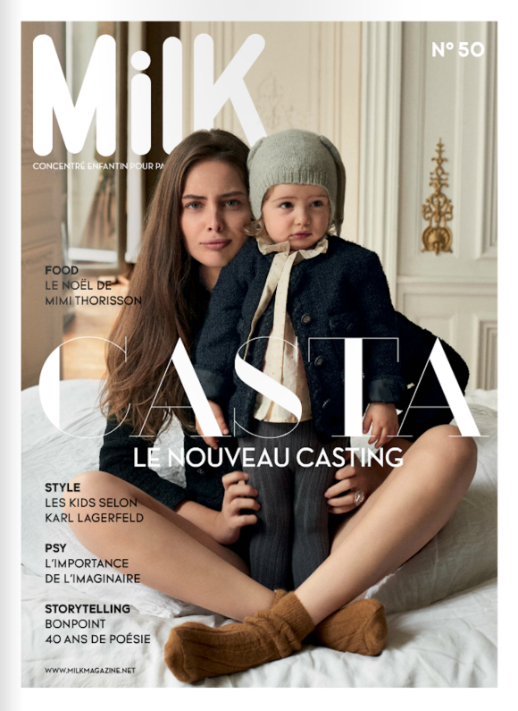 Marie-Ange Casta en couverture du magazine Milk, N°50. Elle présente sa fille de deux ans, Catalina.