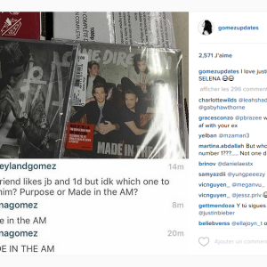 Le 9 décembre 2015, Selena Gomez tranche ouvertement en faveur des One Direction, le groupe de son petit-ami supposé Niall Horan, face au nouvel album de son ex Justin Bieber / photo postée sur Instagram.