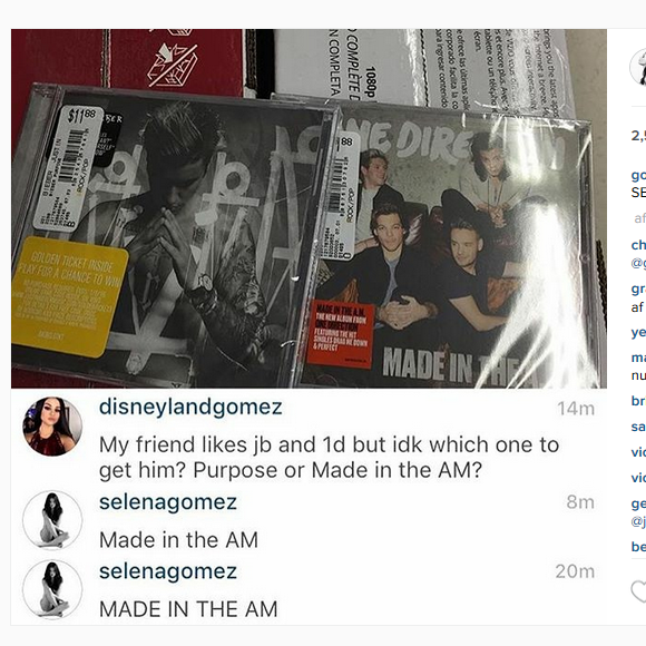 Le 9 décembre 2015, Selena Gomez tranche ouvertement en faveur des One Direction, le groupe de son petit-ami supposé Niall Horan, face au nouvel album de son ex Justin Bieber / photo postée sur Instagram.